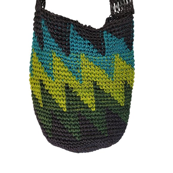 Colombian Handcrafted Raffia Crossbody Bag Navy Turquoise Green - Picture 5 of 8